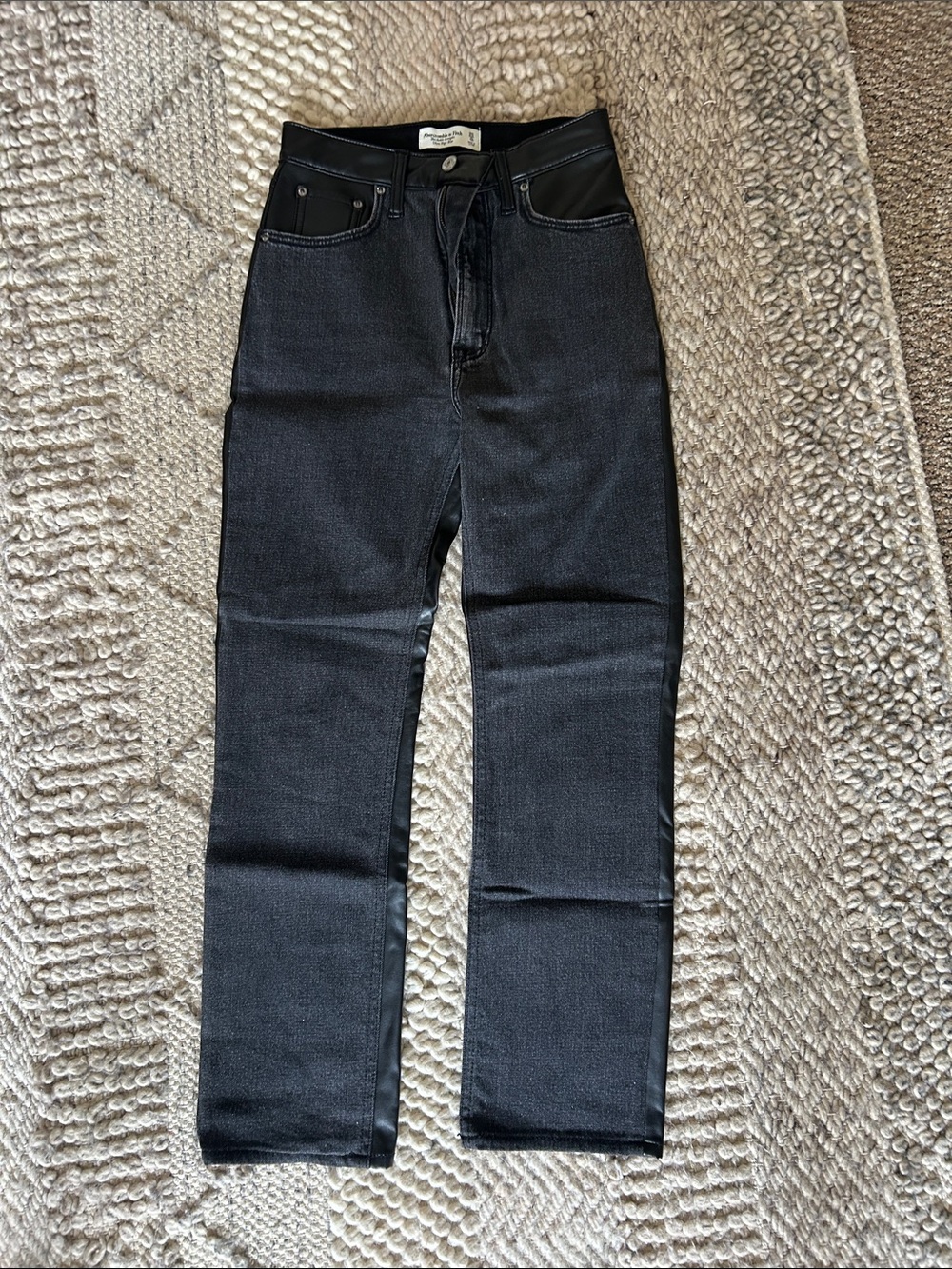 Abercrombie & Fitch Black Straight-Leg Jeans with Faux Leather Trim